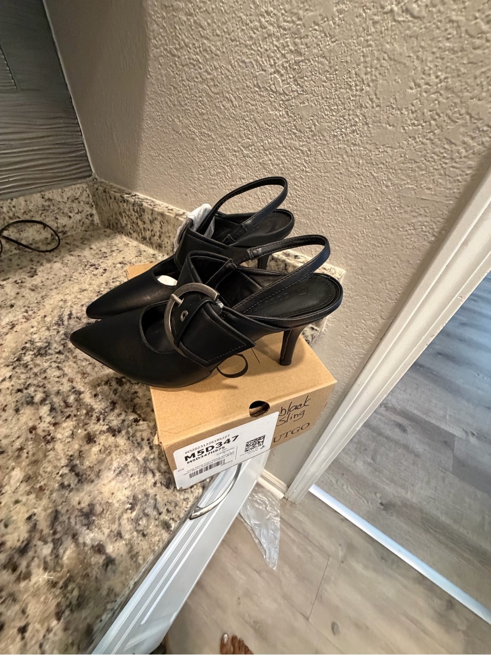 Women’s Black Slingback Pointed-Toe Heels with Buckle